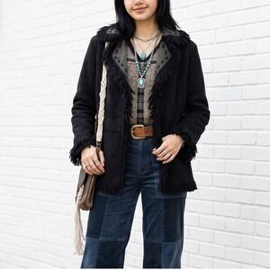 County Clothing Company Jacket Large Black Faux Suede Fringe Western Boho Coat